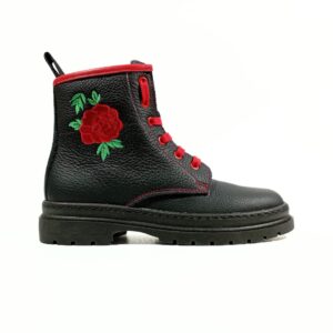 zanni made in italy, exclusive boots in black color, contrasting red stitching and embroidered rose, fashion sneakers new york style